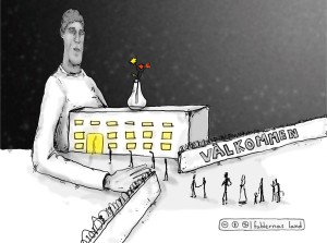 Petter Larsson välkomnar flyktingar till den sista vilan i den svenska socialstaten